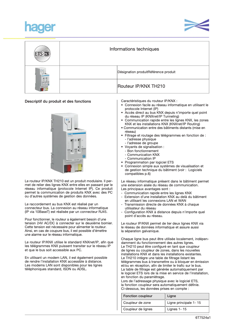 Page 1 de la notice Manuel utilisateur Hager TH210