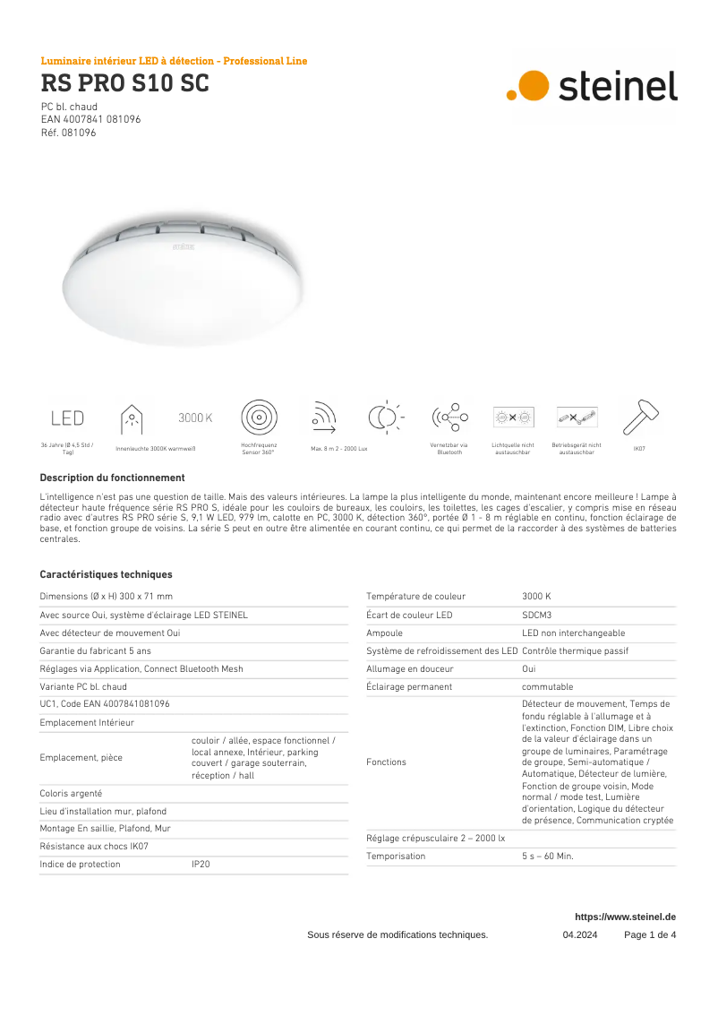 Page 1 de la notice Fiche technique Steinel RS PRO S10 SC