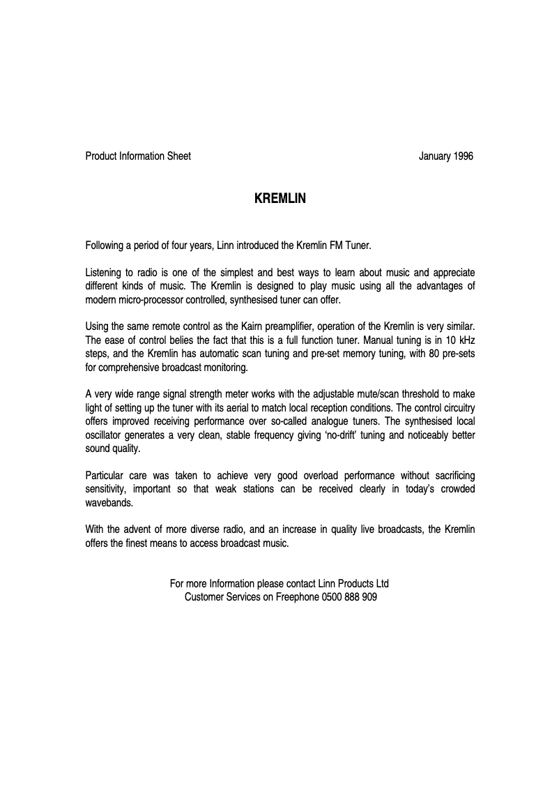 Page 1 de la notice Manuel utilisateur Linn Kremlin