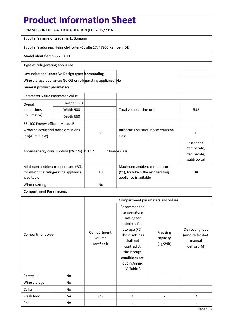 Page 1 de la notice Fiche technique Bomann SBS 7336