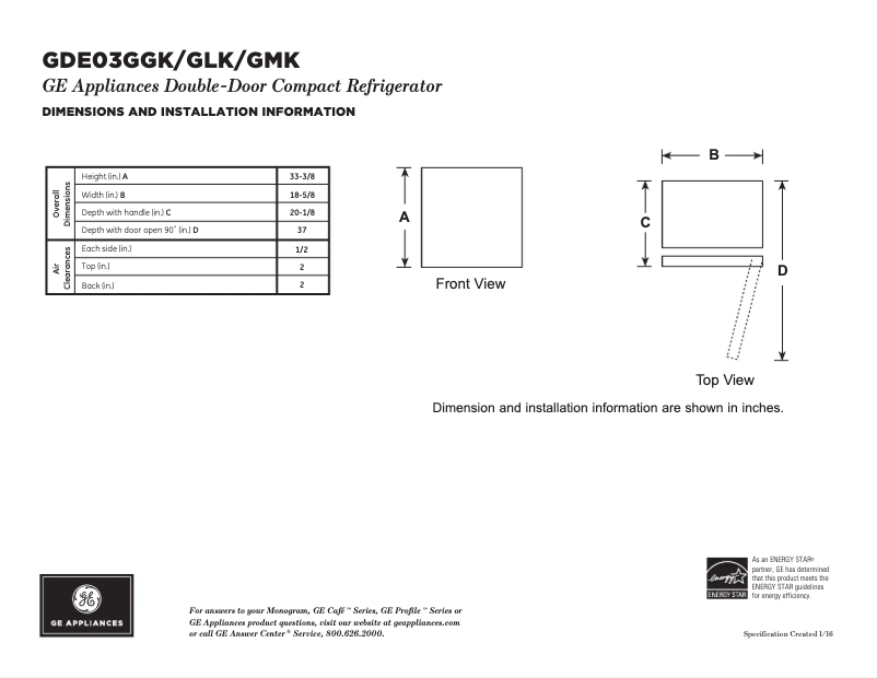 Page n°1 - Fiche technique GE GDE03GLKLB