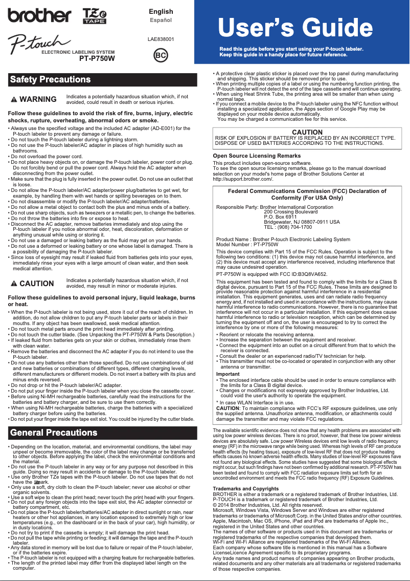 Page n°1 - Manuel utilisateur Brother PTP750WVP