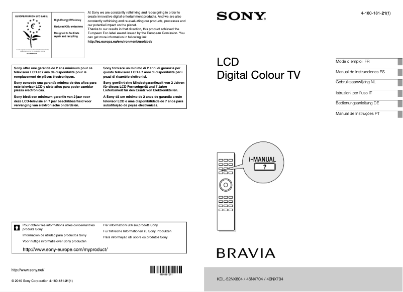 Image de la première page du manuel de l'appareil Bravia KDL-40NX704