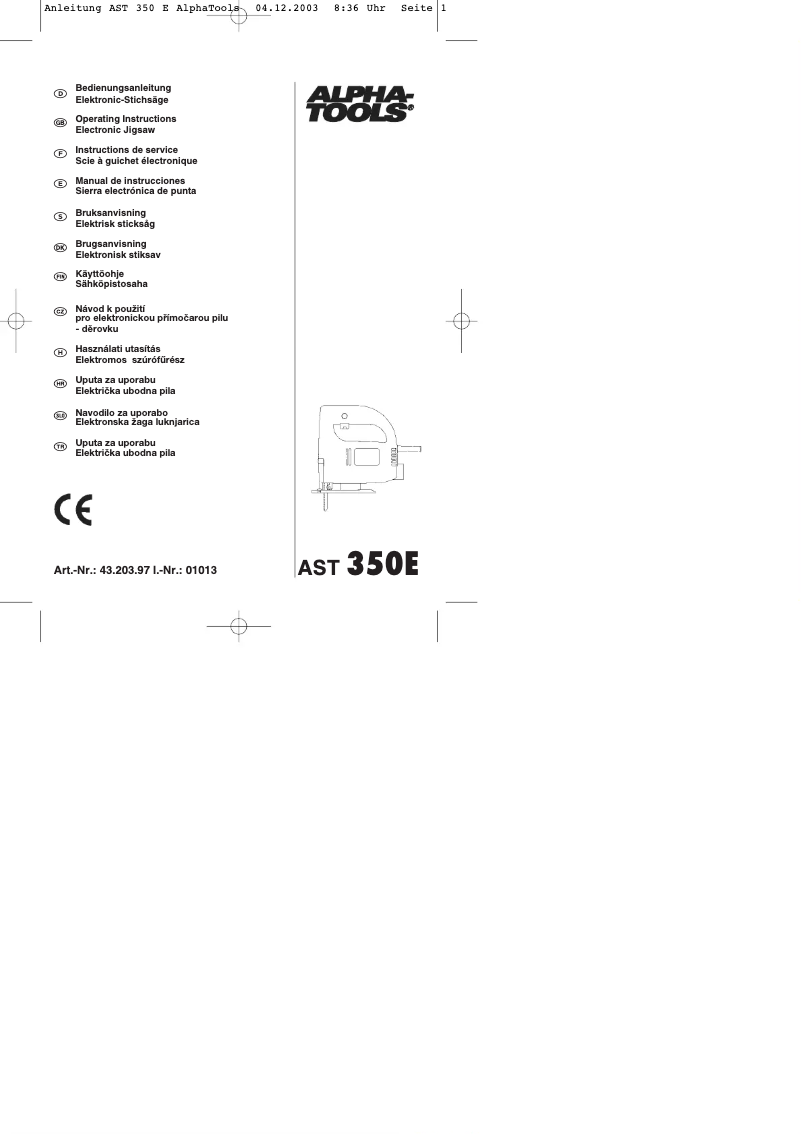 Page 1 of the manual User Manual Alpha Tools AST 350 E