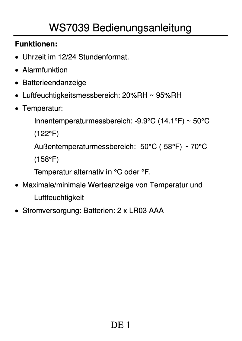 Page n°1 - Manuel utilisateur Techno Line WS 7039