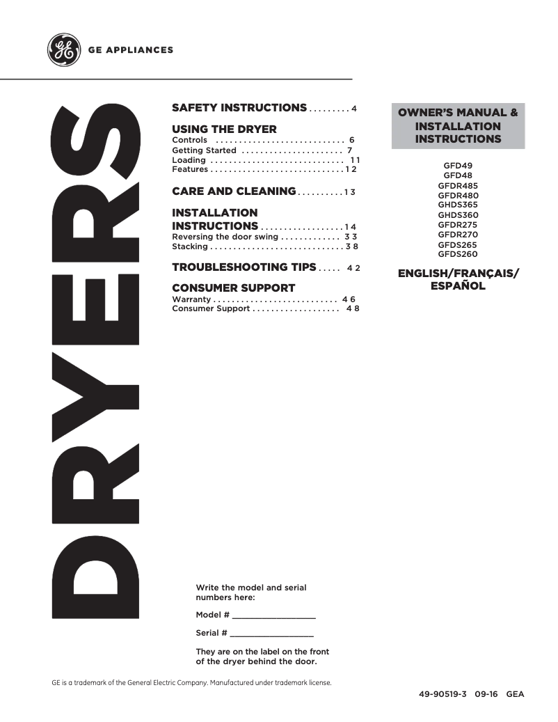 Page 1 de la notice Mode d'emploi GE GFD48GSSKWW