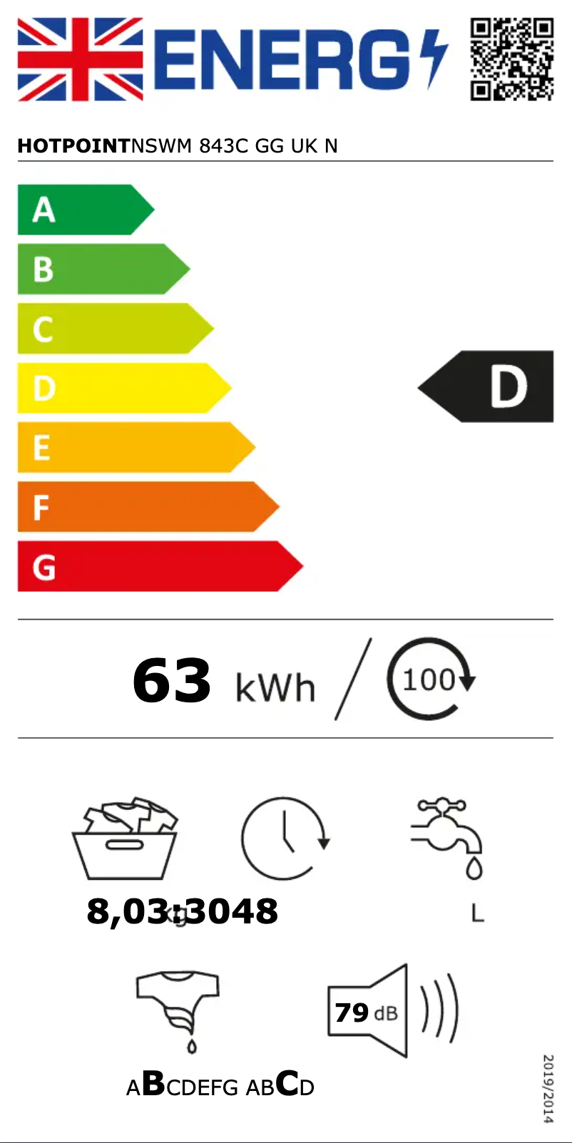 Page 1 de la notice Label énergétique Hotpoint NSWM 843C GG UK N