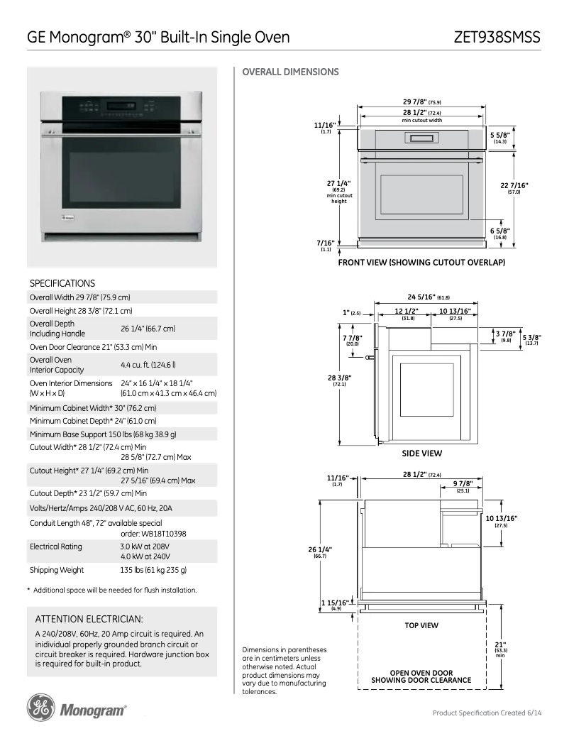 Page n°1 - Fiche technique GE ZET938SMSS