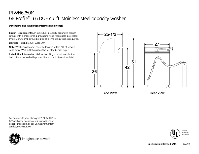 Page 1 de la notice Fiche technique GE PTWN6250MWT