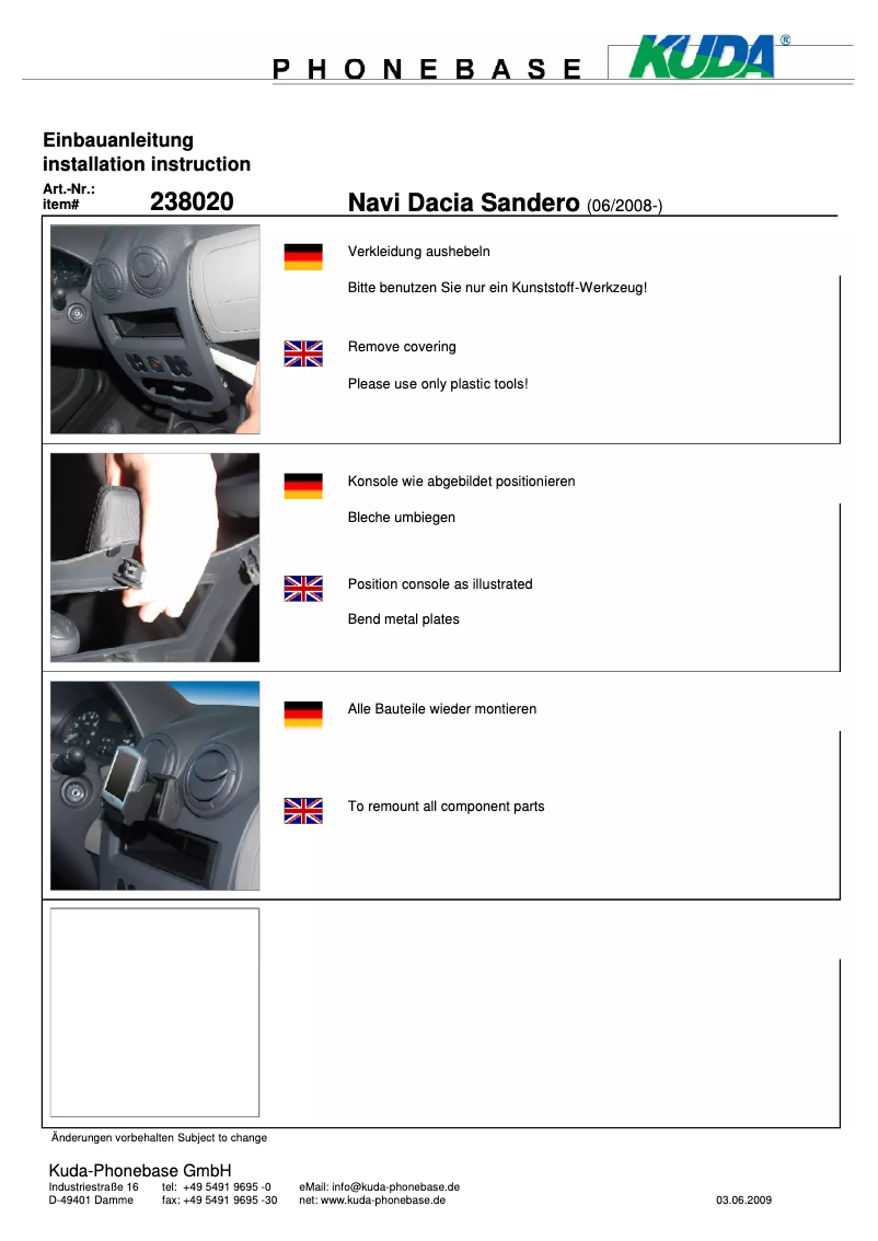 Page 1 de la notice Manuel utilisateur Kuda 238020