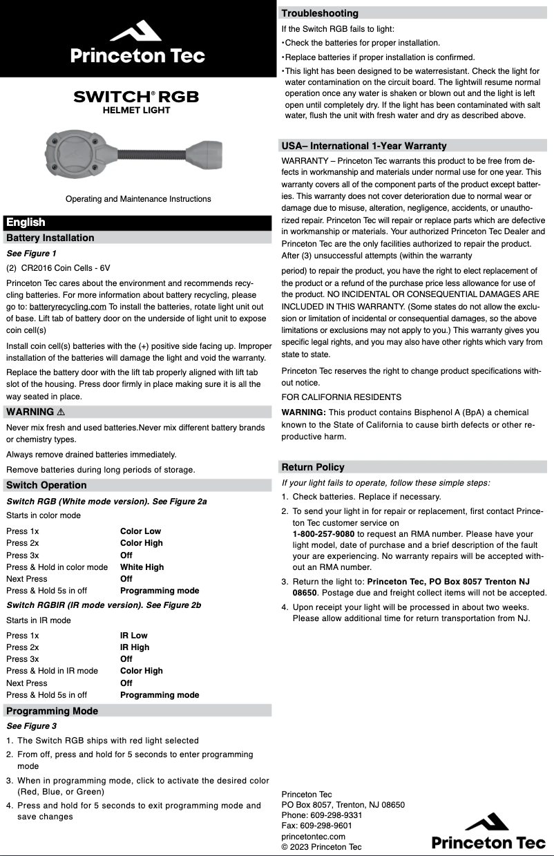 Page 1 de la notice Manuel utilisateur Princeton Tec Switch RGB