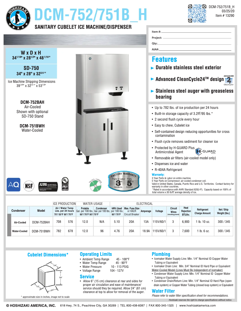 Page 1 de la notice Fiche technique Hoshizaki DCM-751BAH