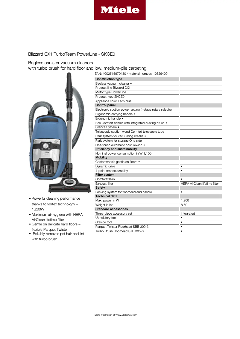 Page 1 de la notice Fiche technique Miele Blizzard CX1 TurboTeam PowerLine