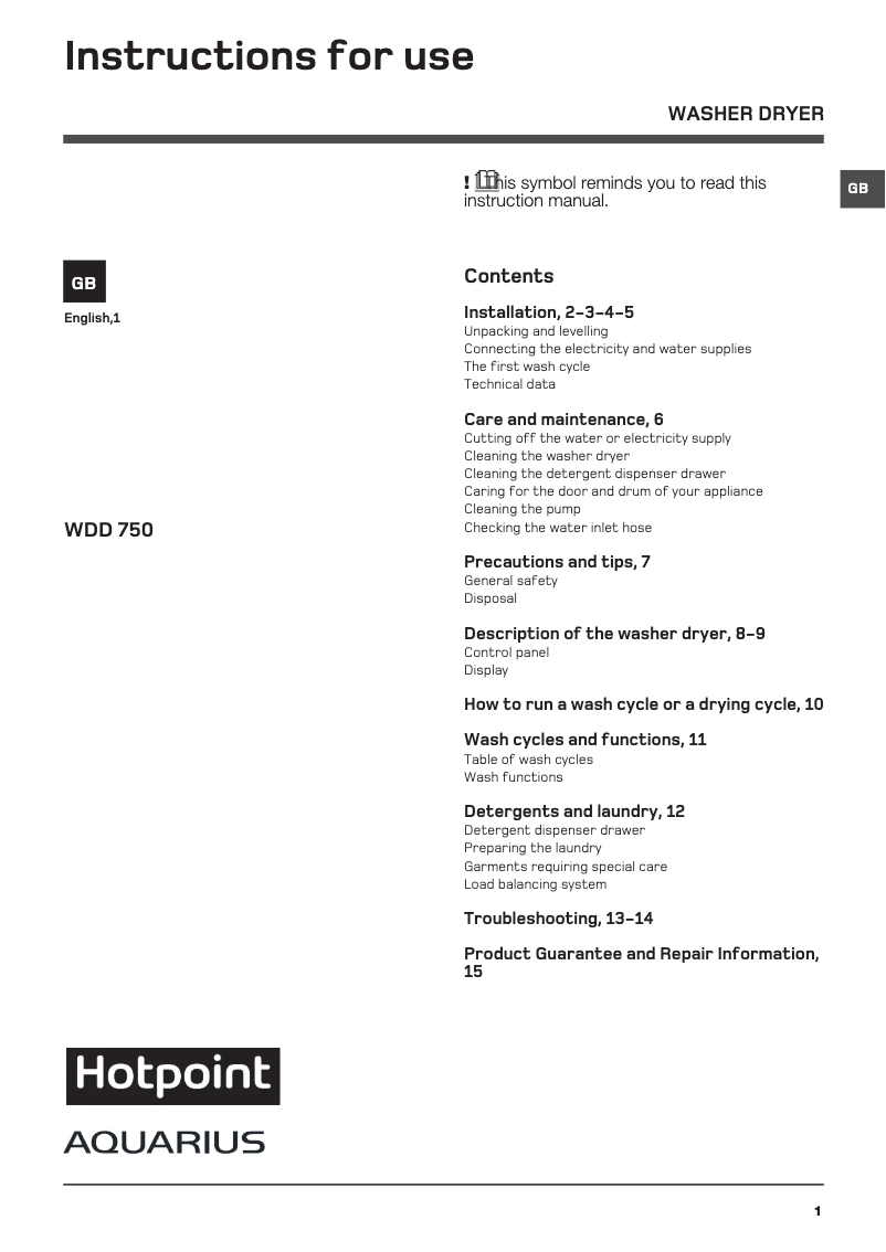 Page n°1 - Manuel utilisateur Hotpoint WDD 750P UK