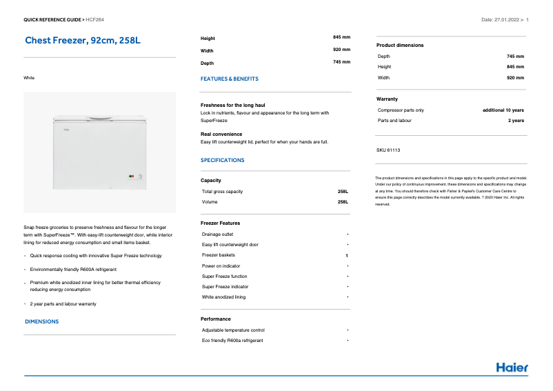 Page 1 de la notice Fiche technique Haier HCF324W2