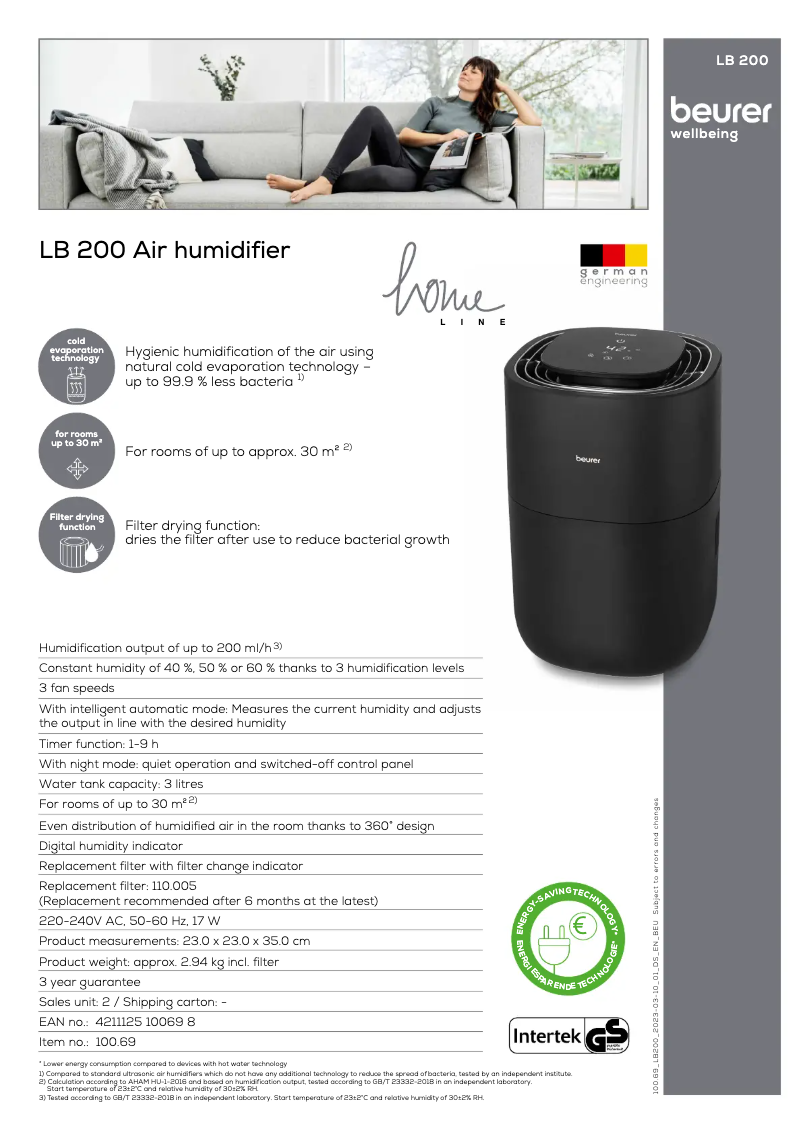 Page 1 de la notice Fiche technique Beurer LB 200