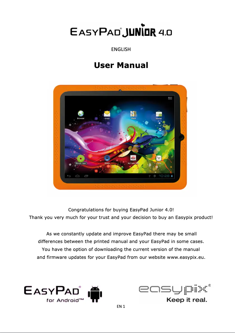 Page 1 de la notice Manuel utilisateur Easypix EasyPad Junior 4.0