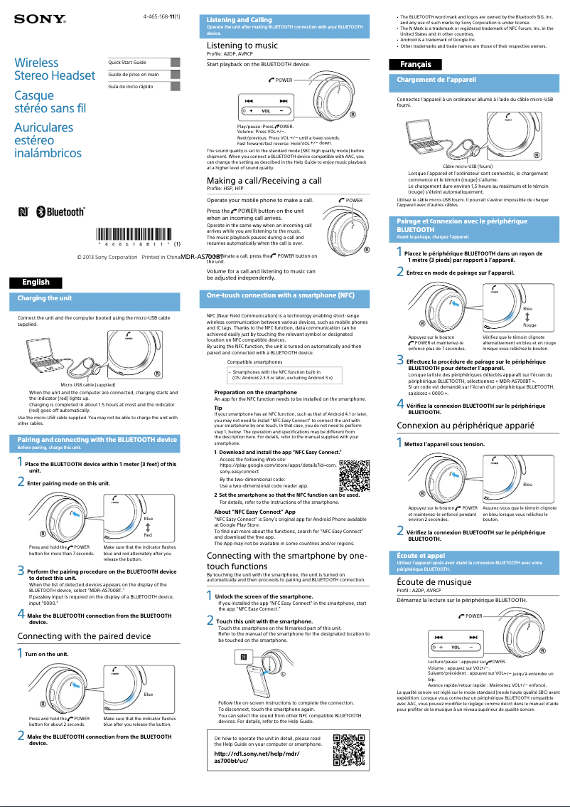 Page 1 de la notice Guide d'installation Sony MDR-AS700BT