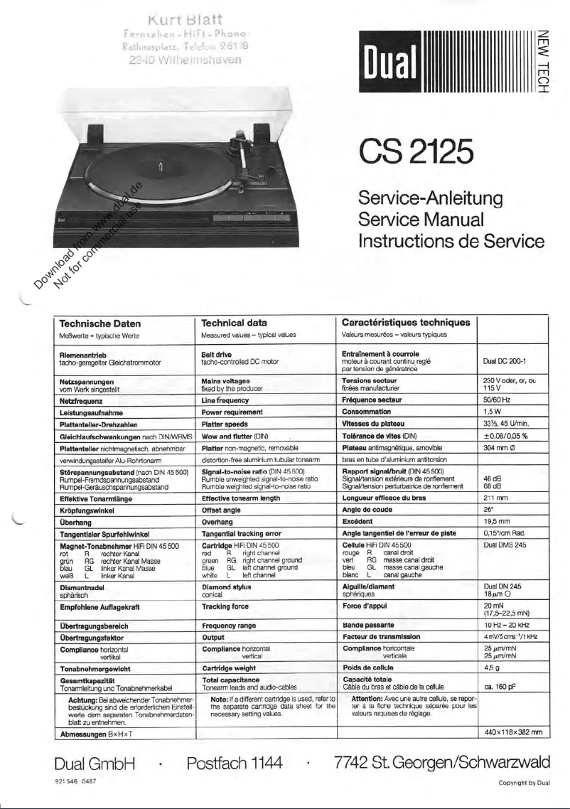 Page 1 de la notice Manuel utilisateur Dual CS 2125