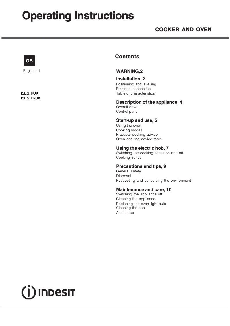 Page n°1 - Mode d'emploi Indesit I5ESHWUK