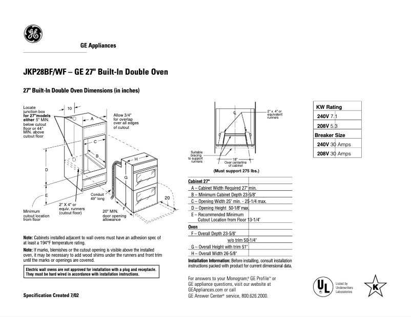 Page 1 de la notice Fiche technique GE JKP28WFWW