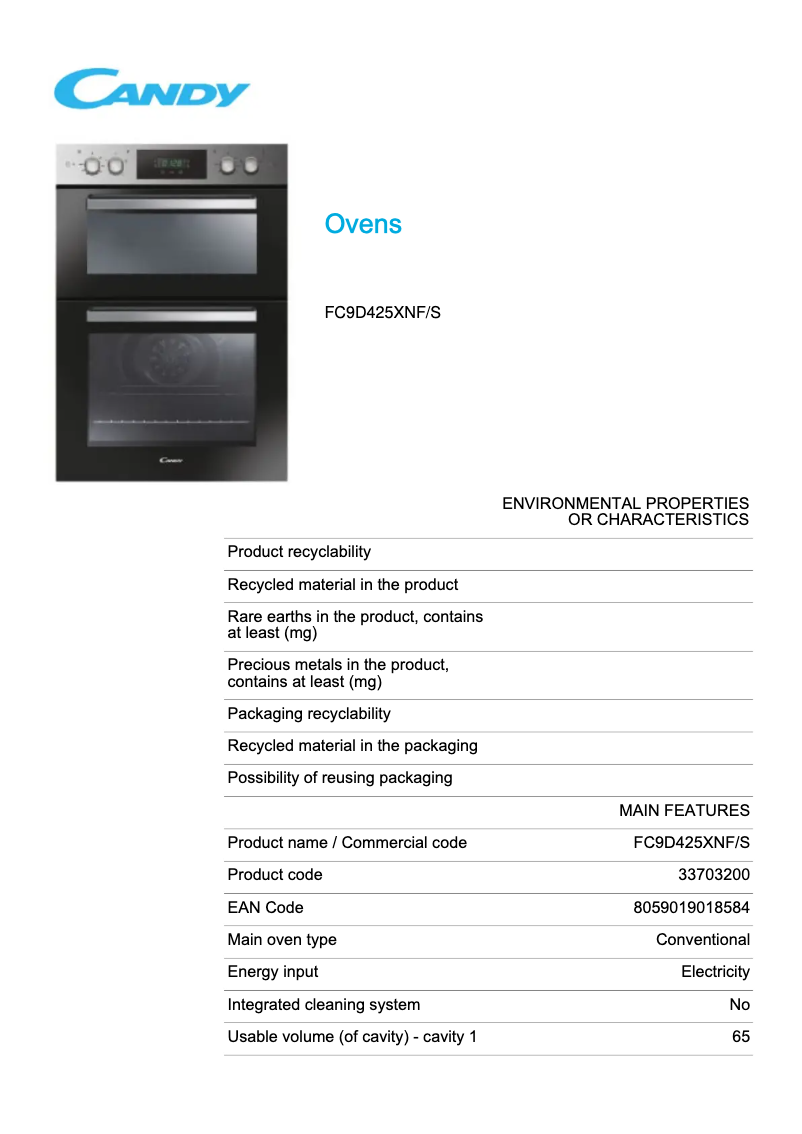 Page 1 de la notice Fiche technique Candy FC9D425XNF/S
