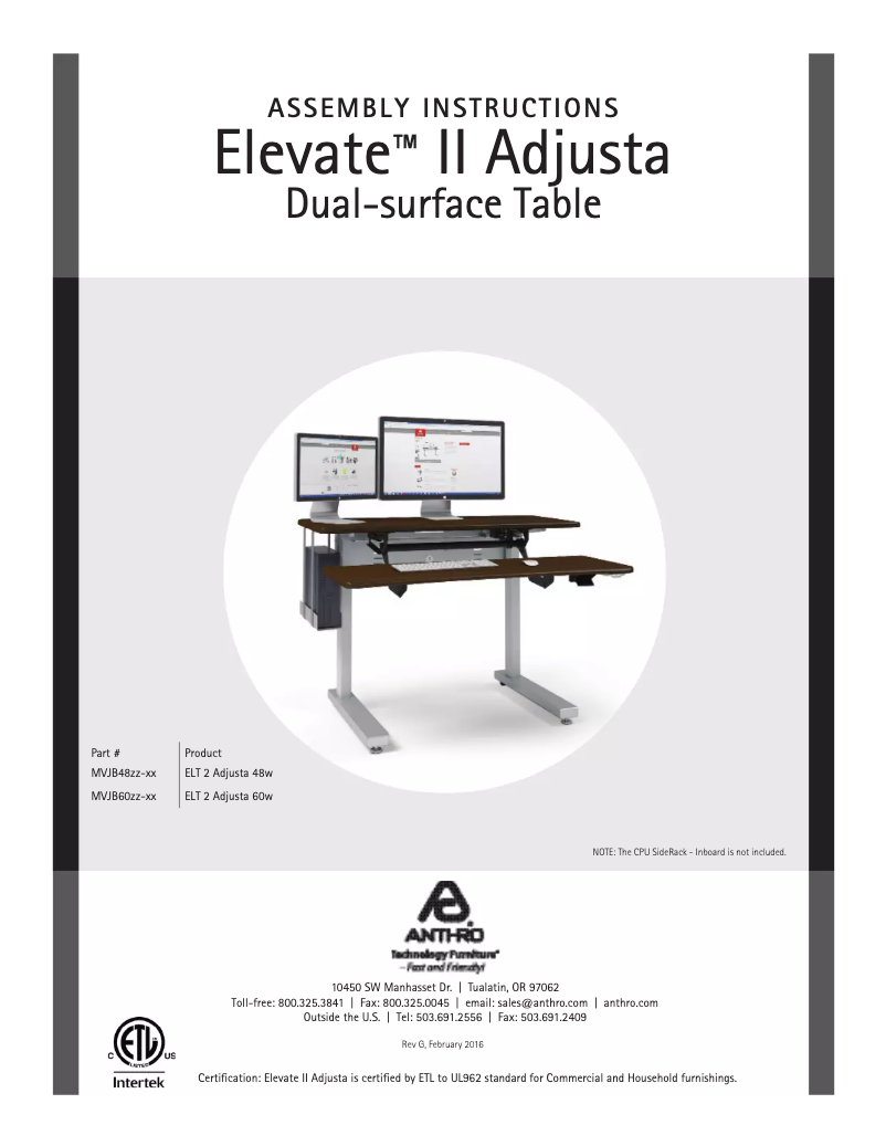 Page 1 de la notice Manuel utilisateur Anthro Elevate Adjusta