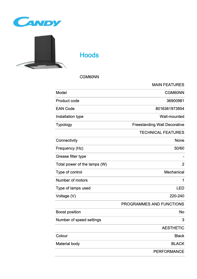 Page 1 de la notice Fiche technique Candy CGM60NN