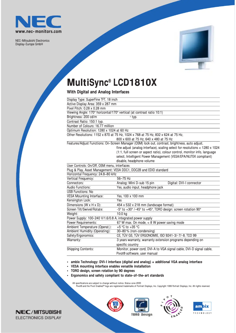Imagen de la primera página del manual del dispositivo MultiSync LCD1810XBK