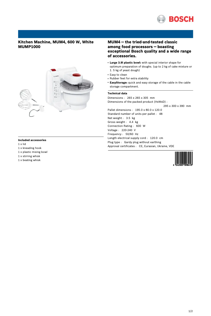 Page n°1 - Fiche technique Bosch MUMP1000