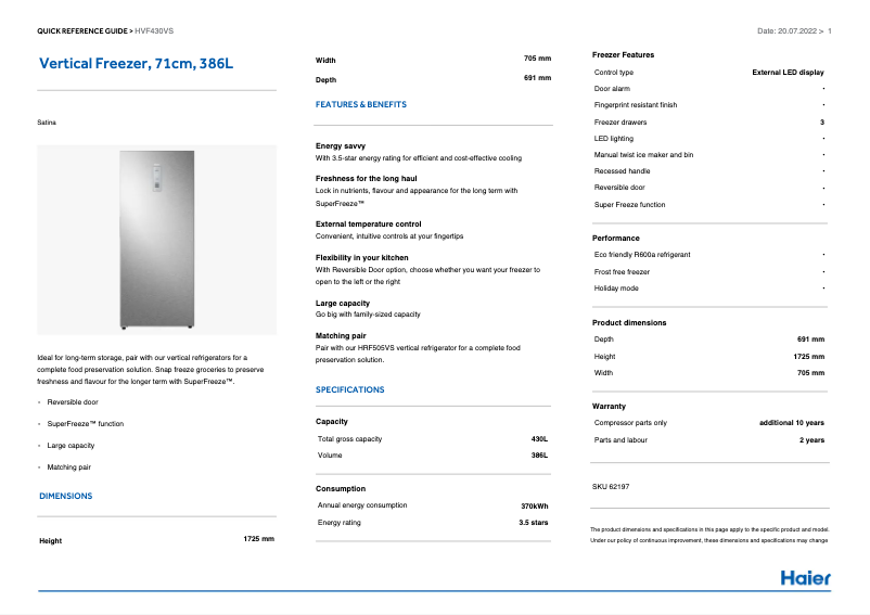 Page 1 de la notice Informations de garantie Haier HVF430VS
