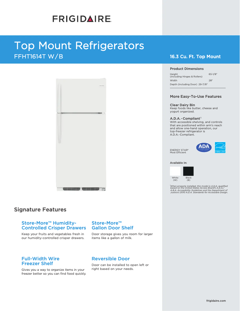 Page n°1 - Fiche technique Frigidaire FFHT1614T