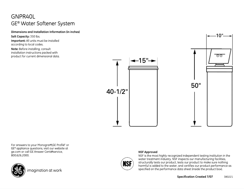 Página 1 del manual Ficha técnica GE GNPR40L