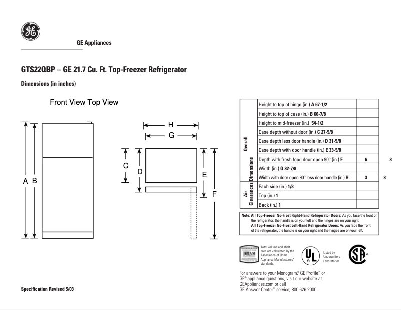 Page n°1 - Fiche technique GE GTS22QBPCC