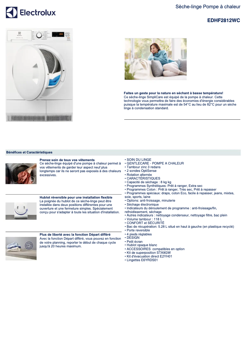 Page 1 de la notice Fiche technique Electrolux EDHF2812WC