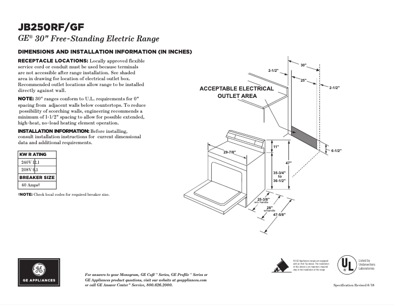 Page n°1 - Fiche technique GE JB250RFSS