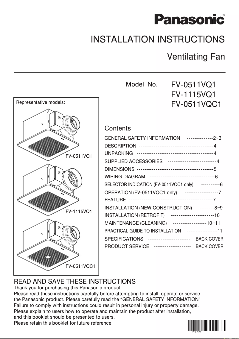 Page n°1 - Guide d'installation Panasonic FV-1115VQ1
