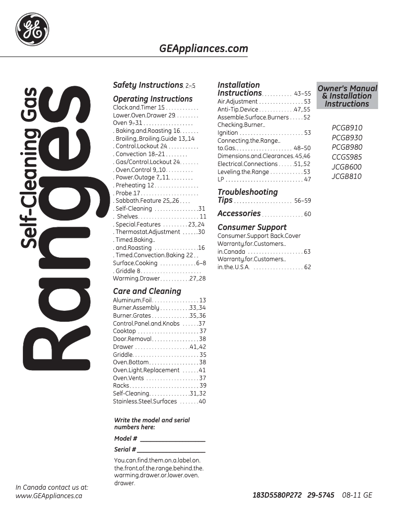 Image de la première page du manuel de l'appareil PCGB930DETWW