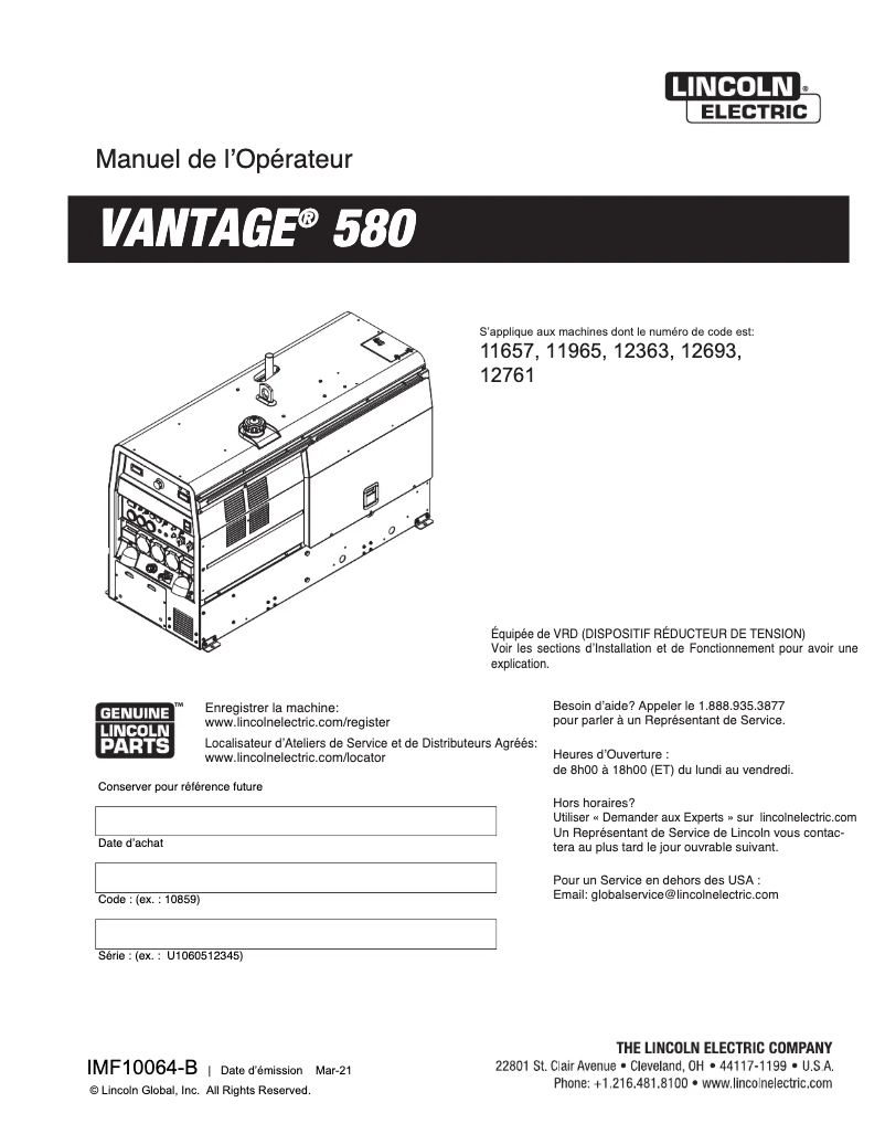 Página 1 del manual Manual de usuario Lincoln Electric Vantage 580