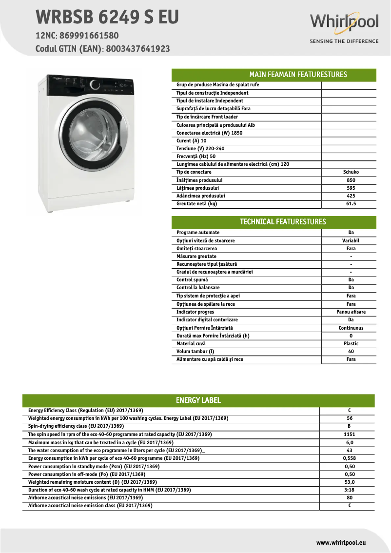 Page 1 de la notice Fiche technique Whirlpool WRBSB 6249 S EU