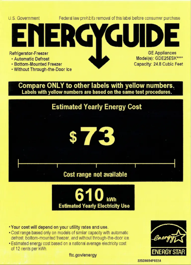 Page 1 de la notice Label énergétique GE GDE25ESKSS