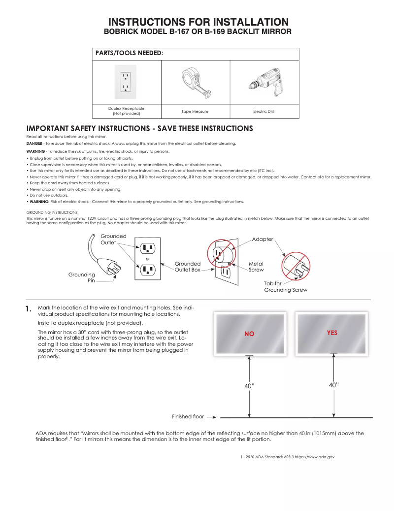 Page n°1 - Manuel utilisateur Bobrick B-169