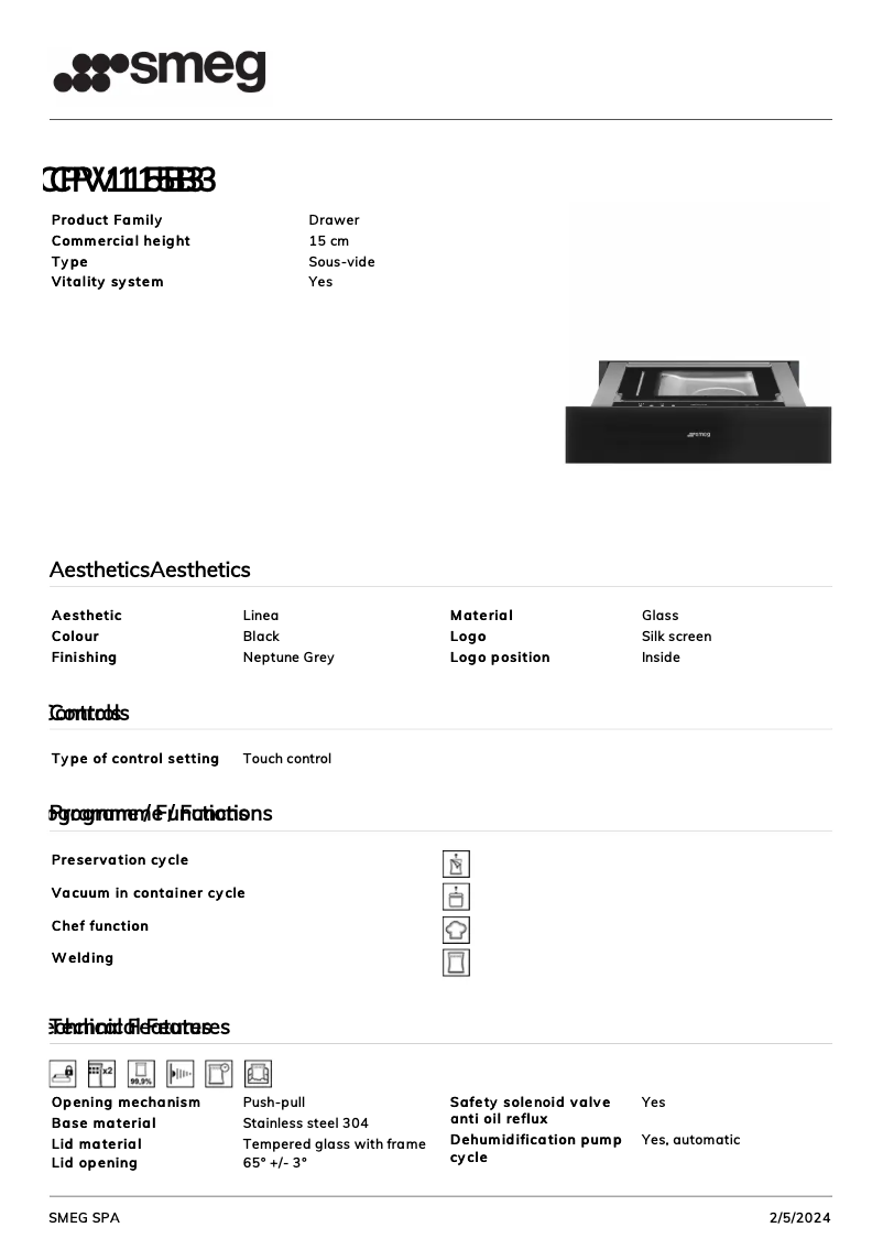 Page 1 de la notice Fiche technique Smeg CPV115B3