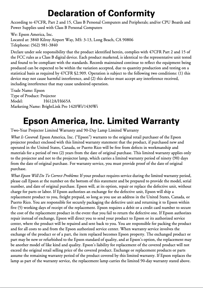 Page 1 de la notice Informations de garantie Epson BrightLink Pro 1430Wi