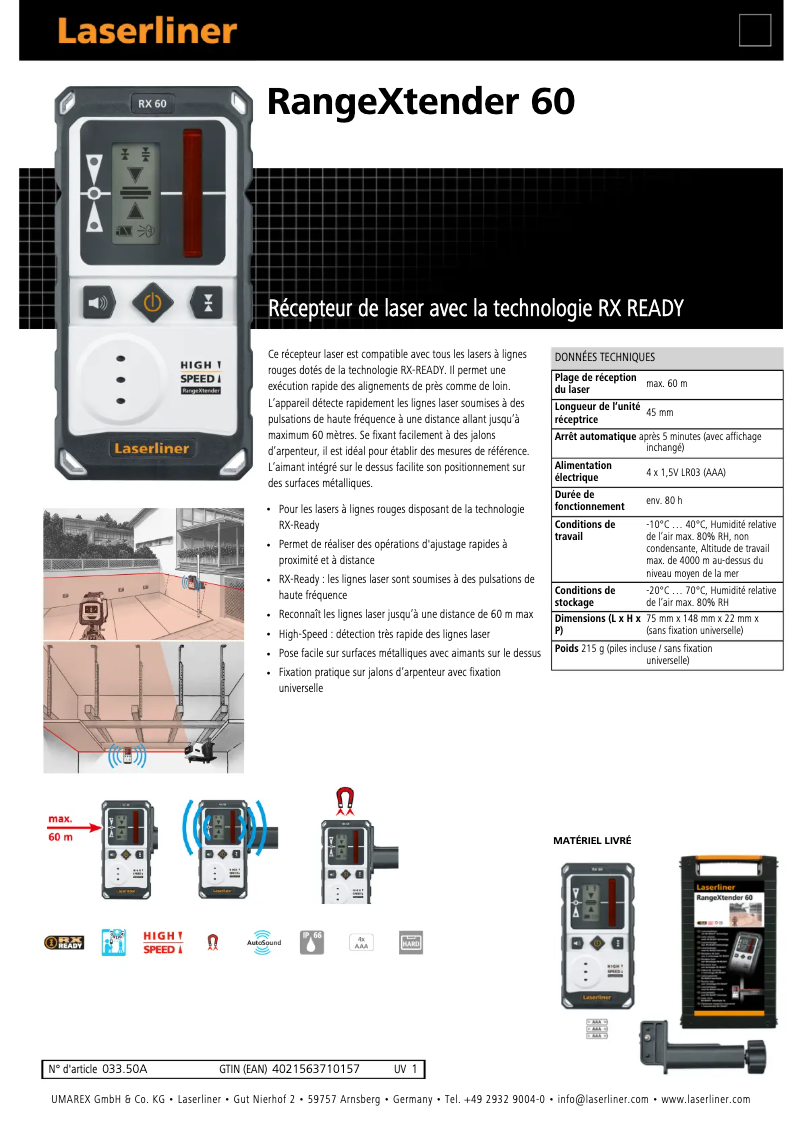 Page 1 de la notice Fiche technique Laserliner RangeXtender 60