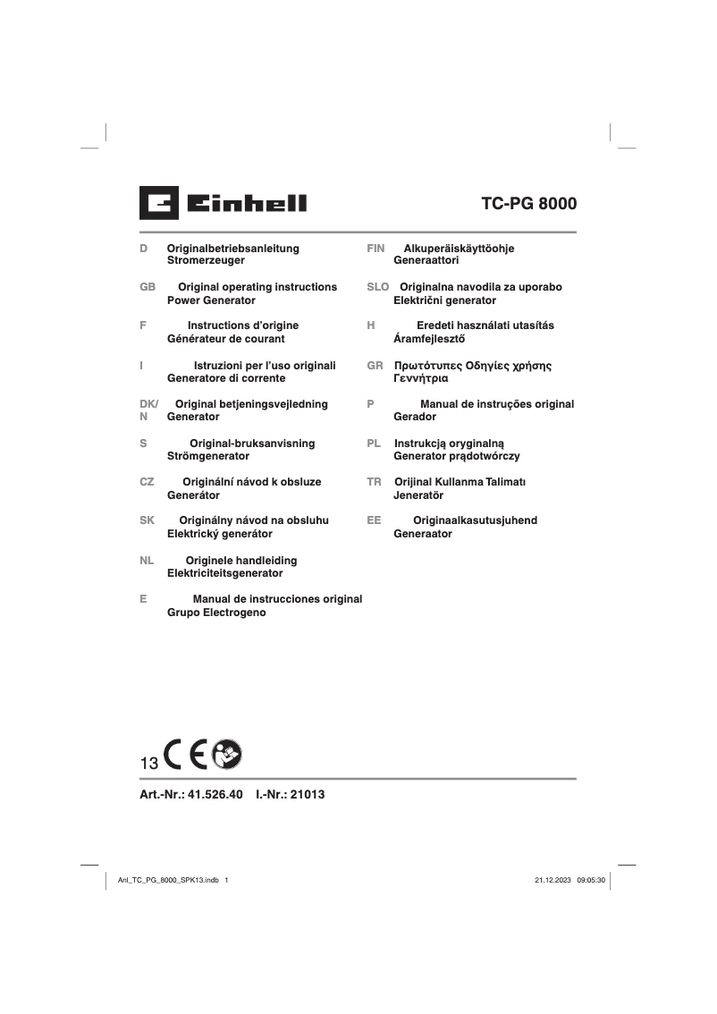 Page n°1 - Manuel utilisateur Einhell TC-PG 8000