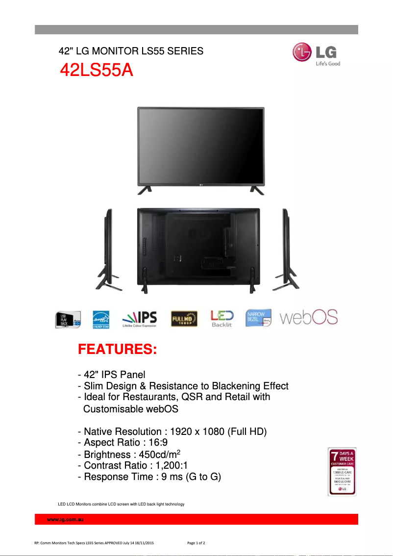 Página 1 del manual Ficha técnica LG 42LS55A