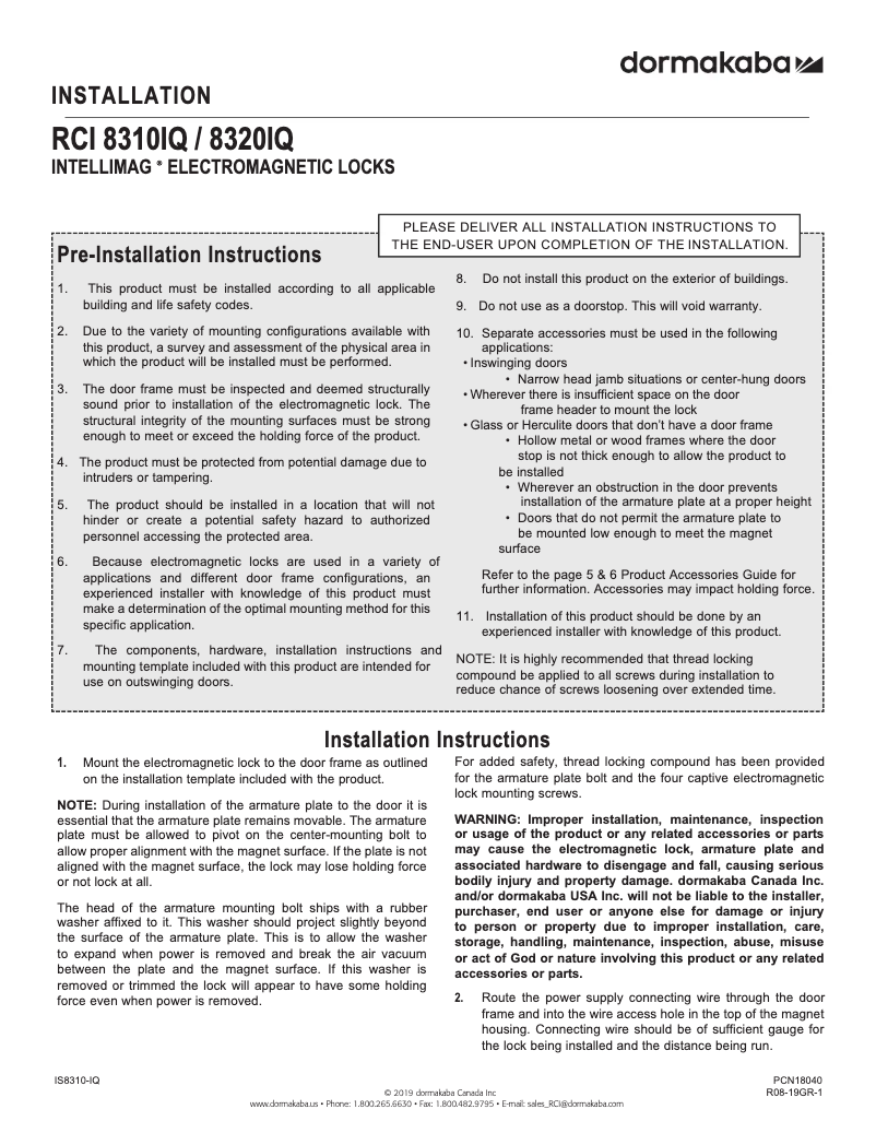 Page n°1 - Manuel utilisateur Dormakaba RCI 8310IQ