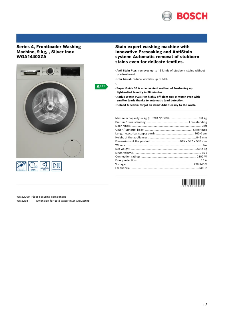 Page n°1 - Fiche technique Bosch WGA1440XZA