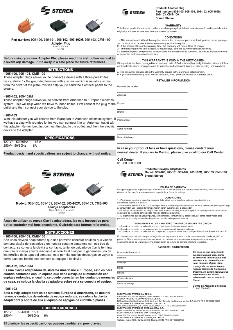 Page n°1 - Manuel utilisateur Steren 905-100
